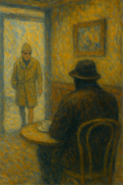 An AI-generated impressionist rendition of the caf&eacute; scene.